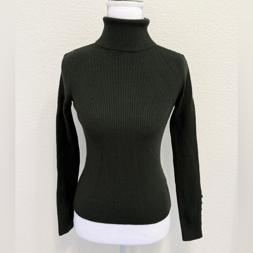 Maeve Anthropologie Green Ribbed Turtleneck Sweater Button Cuff XS